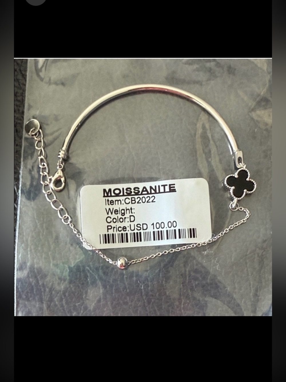 Moissanite Silver clover bracelet with black stone new in package $100 retail